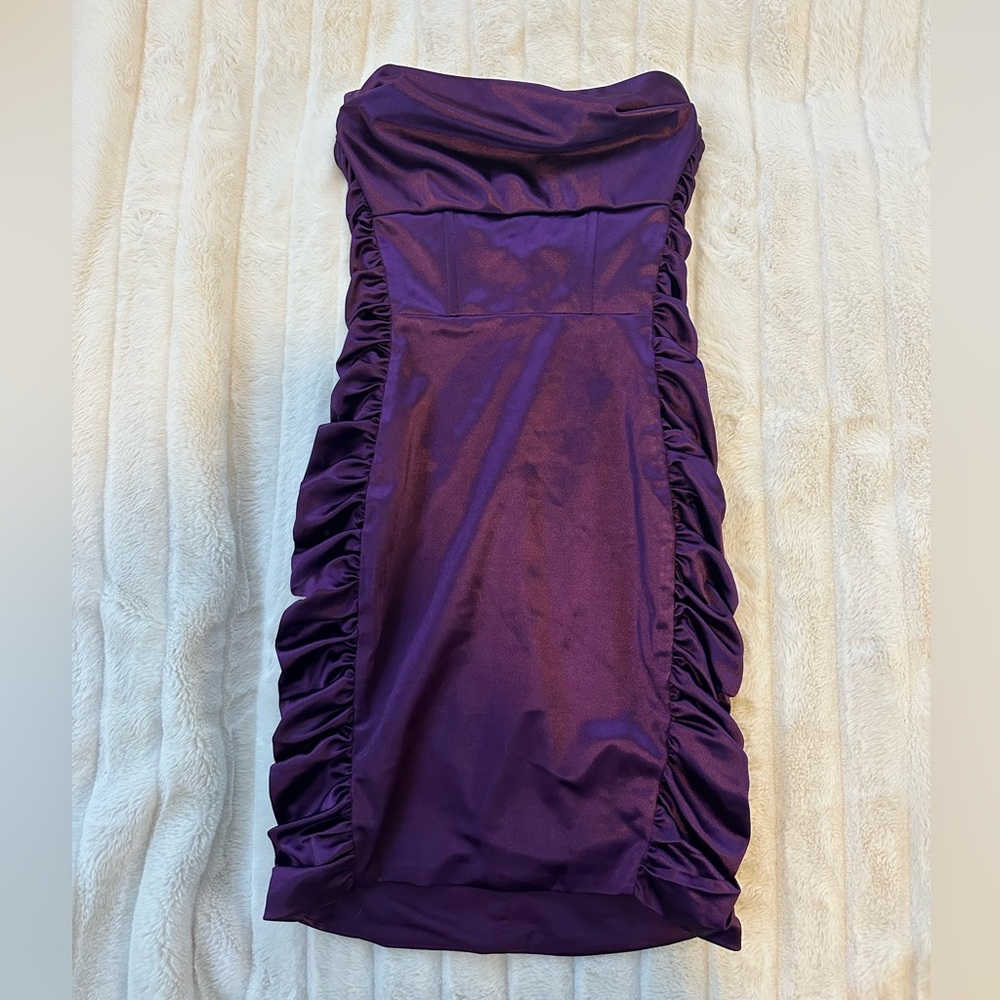 Oh Polly Surprise Me Strapless Ruched Satin Mini Dress in Purple
